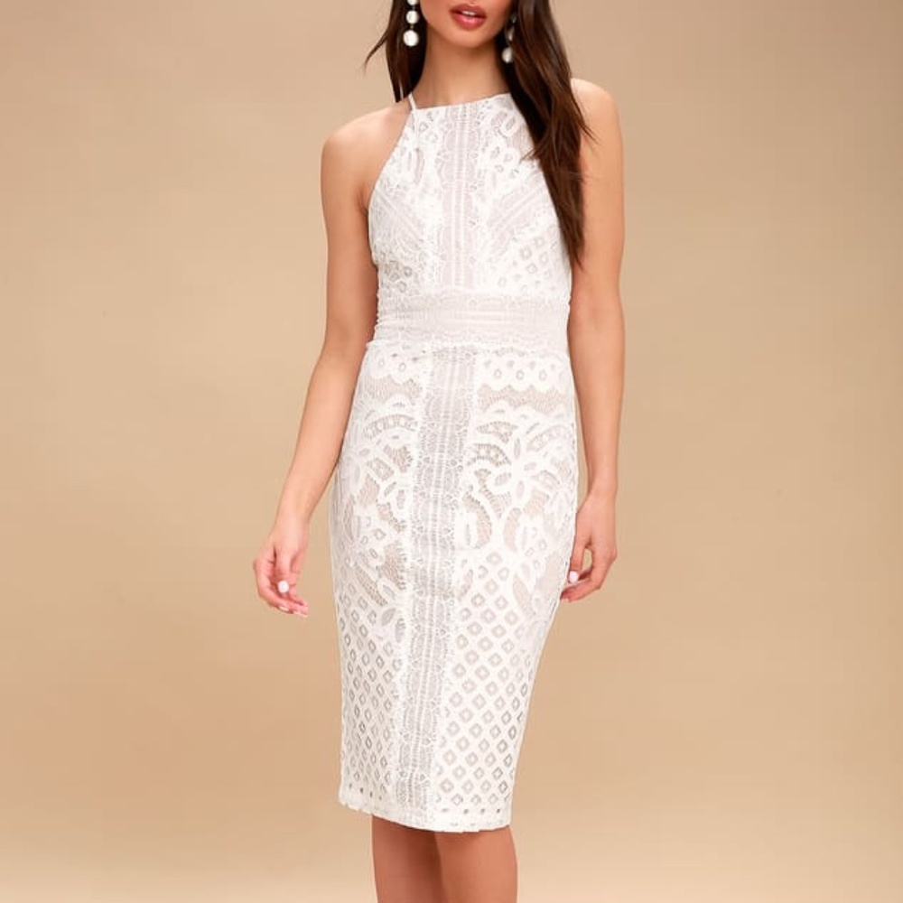 Lulu’s Primrose Nude & White Lace Bodycon Midi Dress Sz S halter neckline